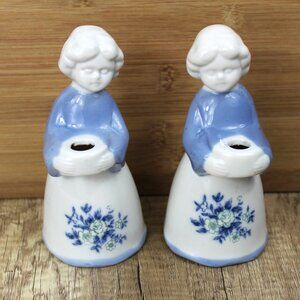 Vintage Pair Girl Holding Pot Candle Holders Lilienthal Scandinavian Blue White